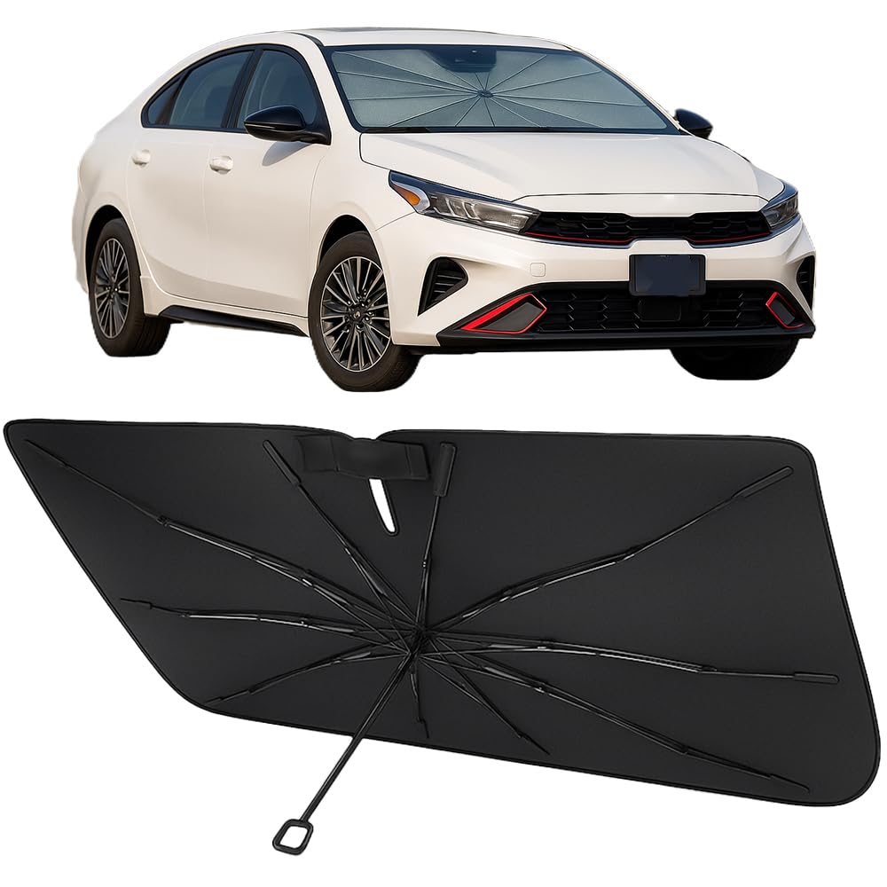 Proadsy front view of shade on Kia Forte showing exact windshield fit and coverage
