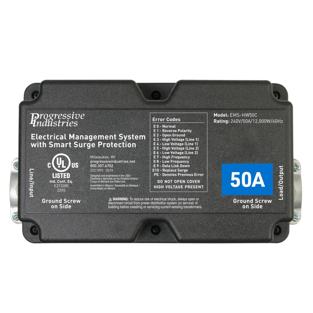 Progressive Industries EMS-HW50C front view showing rugged case and label protecting RV power