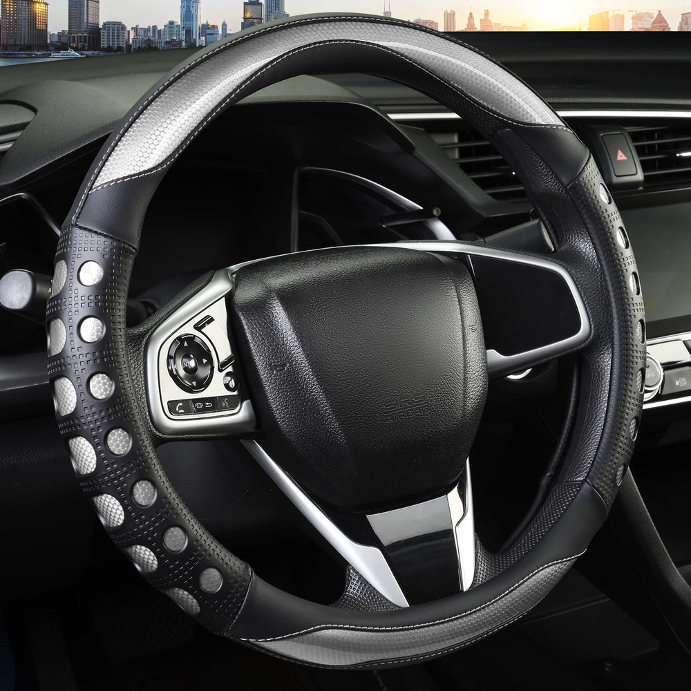 QCYP front view steering wheel cover gray shows protective fit and refreshed interior