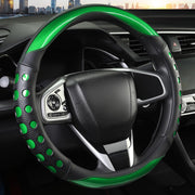 QCYP green steering wheel cover front view showing fit and color, improves interior style