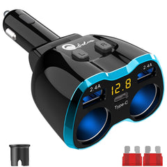 Qidoe front angle showing LED voltmeter and neat multi-outlet capability