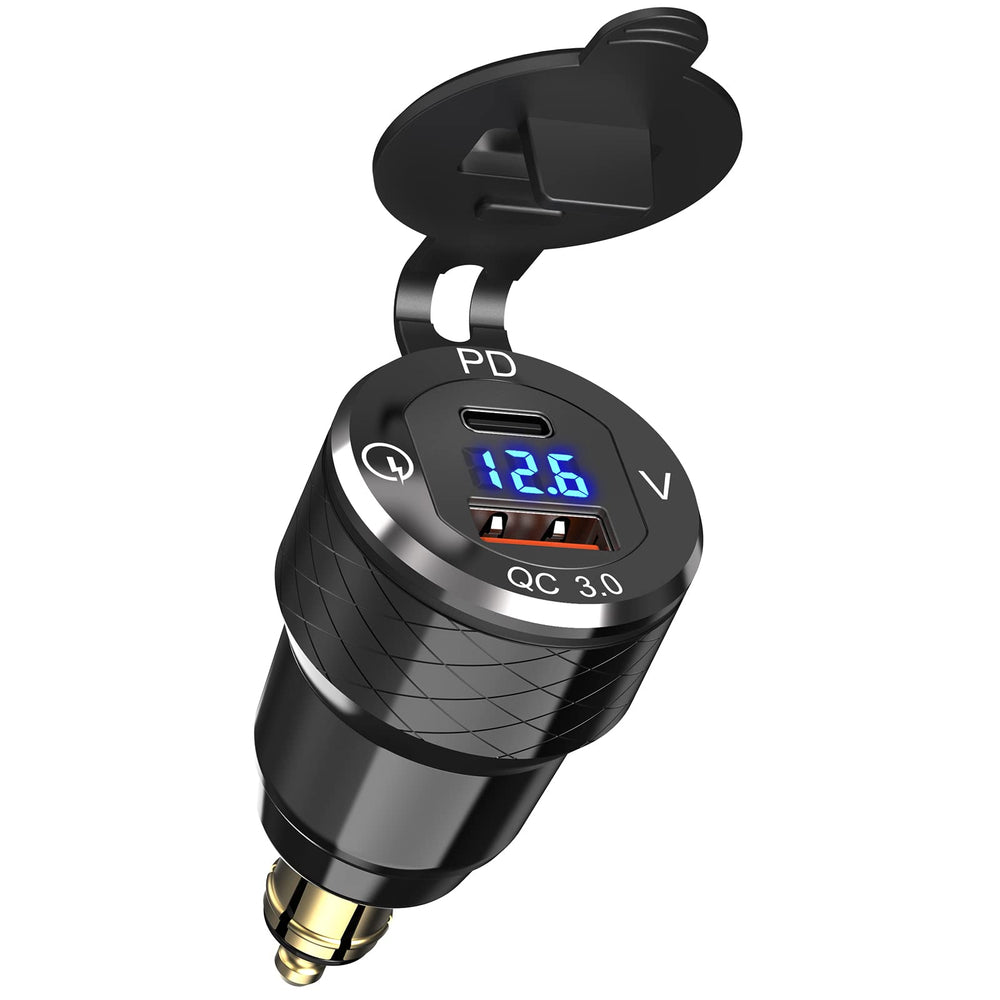 Qidoe front view showing HELLA/DIN plug and dual USB ports for reliable charging