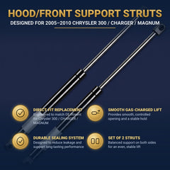 QiMox strut mounted on driver side hood demonstrating steady open support benefit