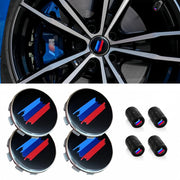 QOMAGO front view of four center caps and four valve caps showing complete set benefits