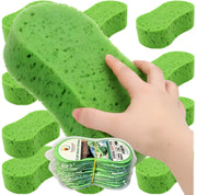QUALIALL 10-pack front packaging showing compressed green sponges and compact storage benefit