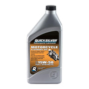 Quicksilver 15W-50 front bottle showing packaging and clear product benefit