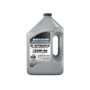 Quicksilver 25W-40 one-gallon bottle front view showing product and benefit
