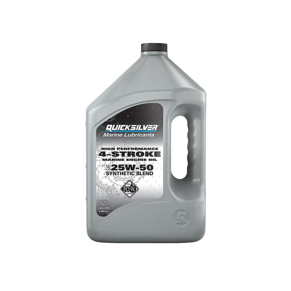 Quicksilver 25W-50 front gallon label showing brand and viscosity benefit