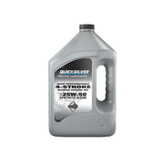 Quicksilver 25W-50 front gallon label showing brand and viscosity benefit