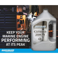 Quicksilver bottle placed beside outboard engine showing engine protection benefit