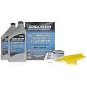 Quicksilver kit front box showing included oil and filter, clear parts identification and convenience