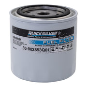 Quicksilver front view of 802893Q01 filter showing branding and fitment, protects fuel system