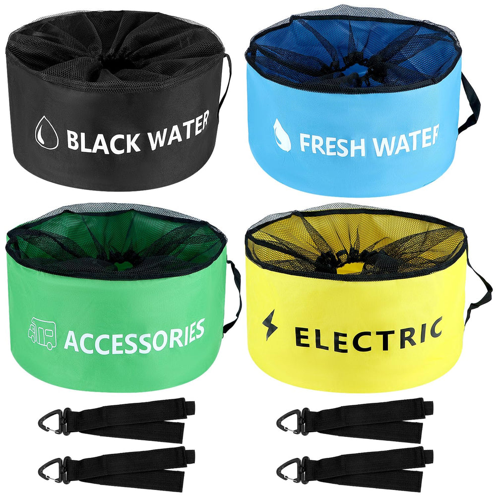QWORK front packaging showing all four waterproof hose bags and benefit of organized storage