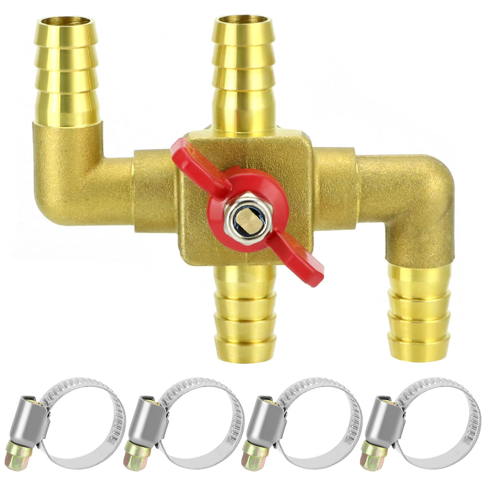 QWORK front view of solid brass 4-way valve showing ports and switch for reliable flow control