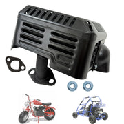 QYMOTO front view assembled muffler showing fit and finish, durable replacement benefit