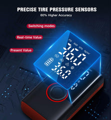 QYQBOON inflator attached to car tire in use for rapid roadside inflation convenience