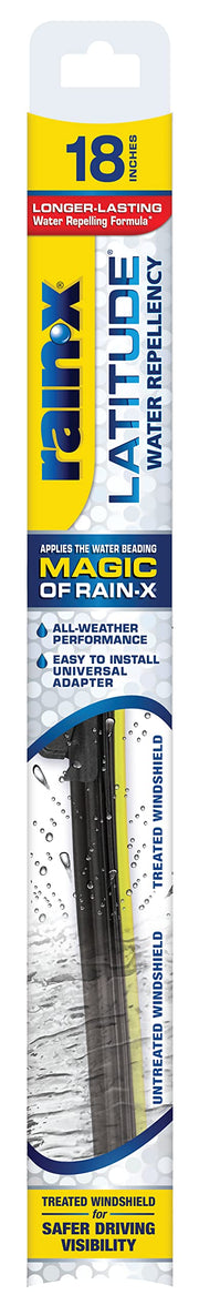 Rain-X front packaging showing the 18-inch Latitude wiper blade and benefits