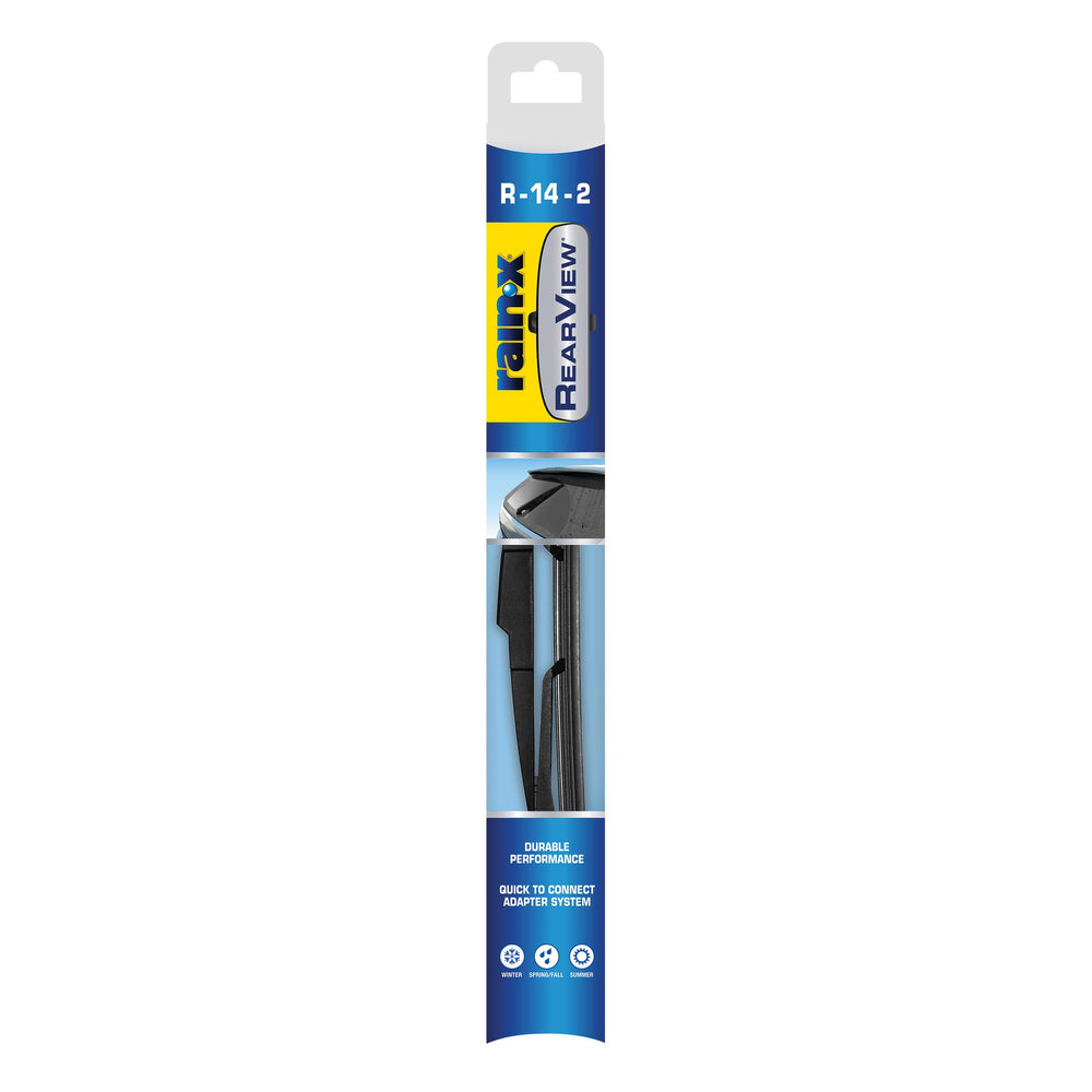 Rain-X rear wiper blade front packaging showing product and size benefit