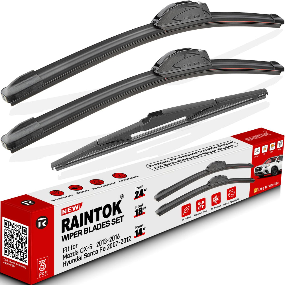 Raintok front packaging showing three wiper blades and included sizes benefits clear replacement