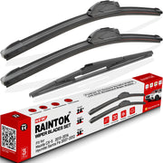 Raintok front packaging showing three wiper blades and included sizes benefits clear replacement