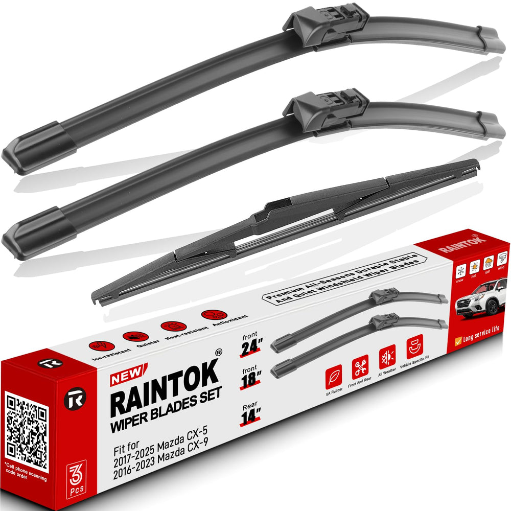 Raintok front view of 3-pack wiper packaging showing complete set and fit