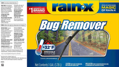Before-and-after hood showing RainX removing tough bug stains