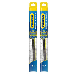Rain-X front packaging showing 17" blades and product benefits for clearer visibility