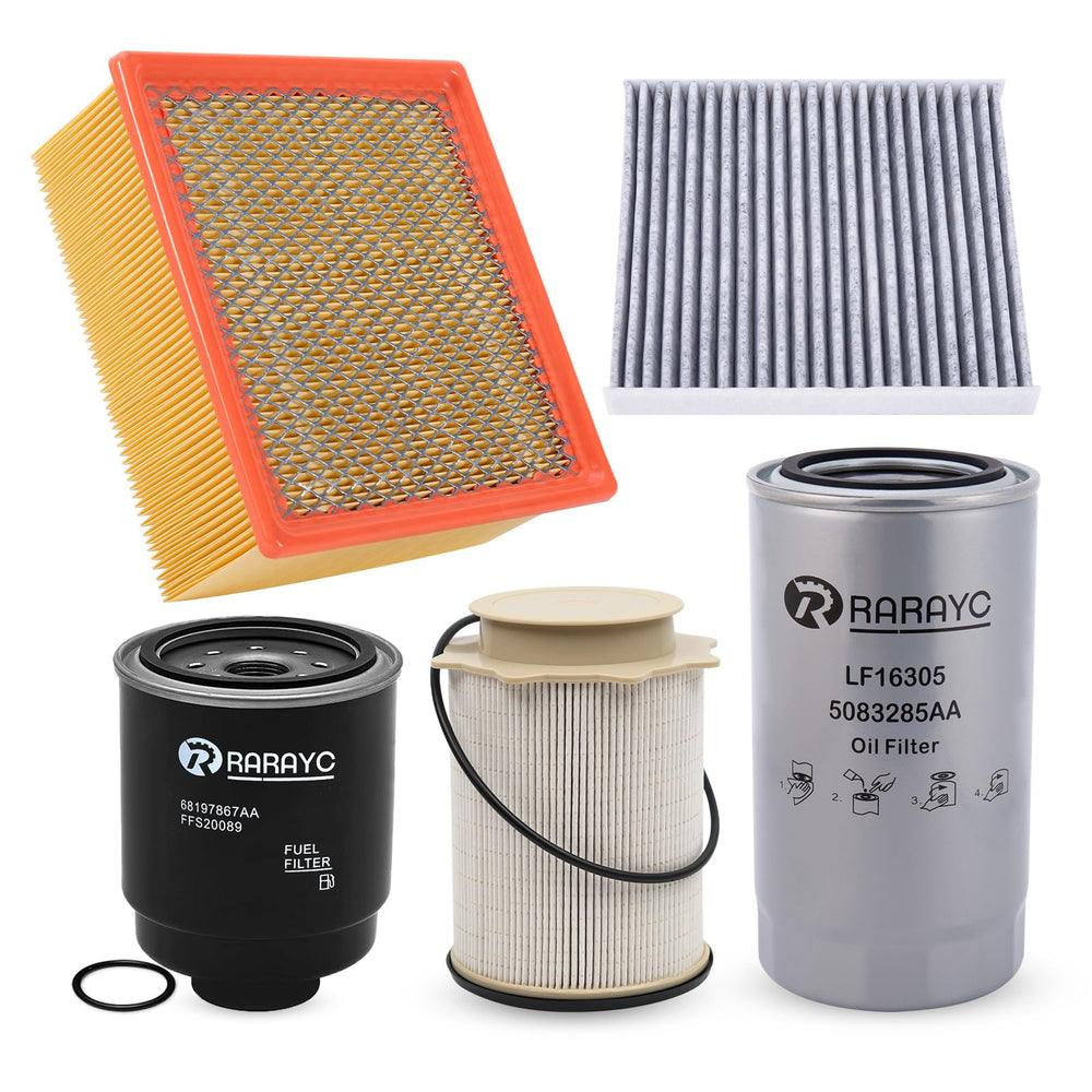 RARAYC front view of 5-piece filter kit showing all included parts and benefits