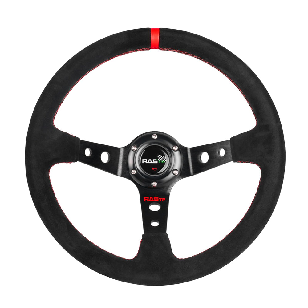 RASTP steering wheel front view showing red suede and sporty design for improved control