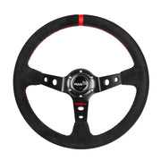 RASTP steering wheel front view showing red suede and sporty design for improved control