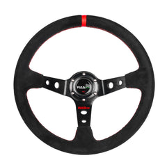 RASTP steering wheel front view showing red suede and sporty design for improved control