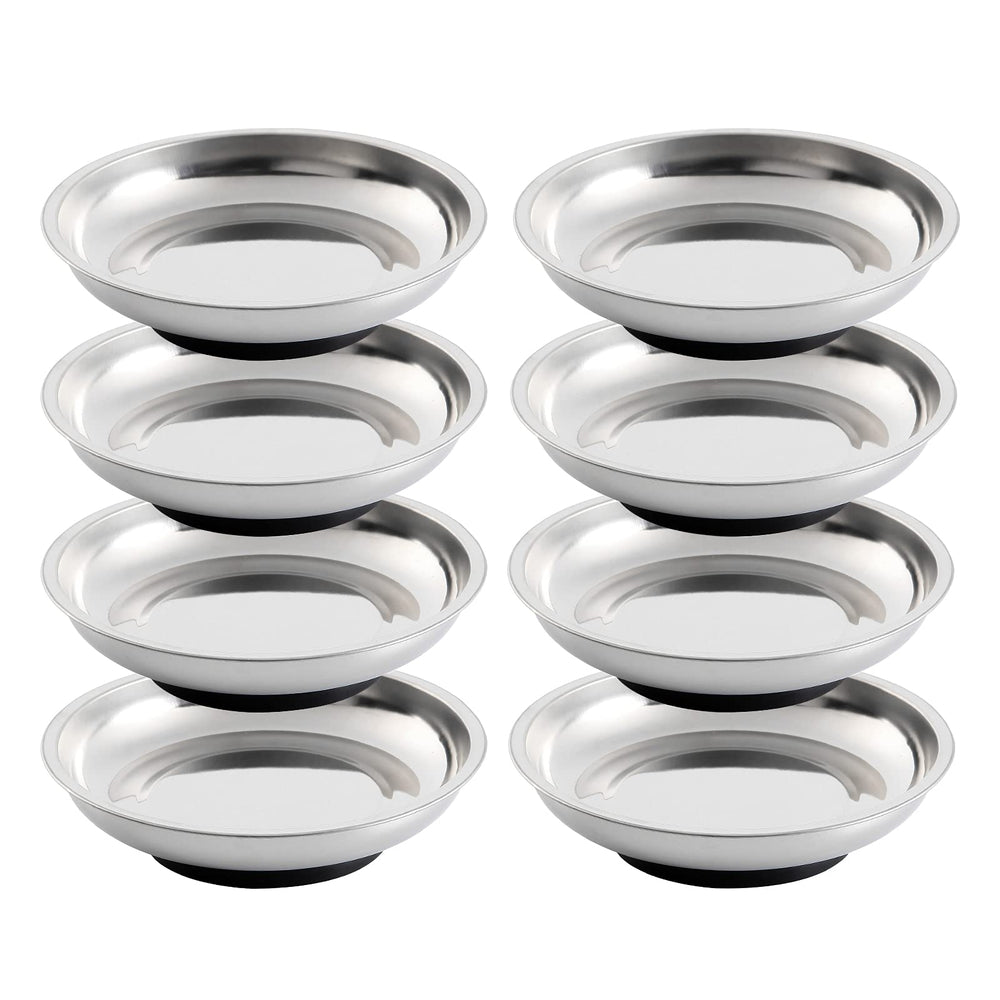 Rechabite front view of eight stainless steel magnetic trays showing organized parts