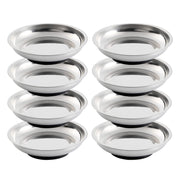 Rechabite front view of eight stainless steel magnetic trays showing organized parts