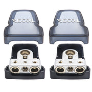 RECOIL brass terminal front view showing durable clamp and chrome finish for reliable connection