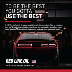 Red Line 14 ounce jar next to a tape measure showing compact workshop-ready size