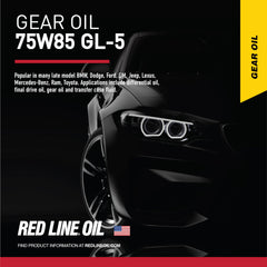 Red Line gear oil bottle angled to display volume and cap for convenient pouring