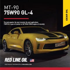 Close-up of Red Line MT-90 label highlighting GL-4 specs and clear product information