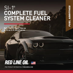 Red Line SI-1 label close-up showing product details and clarity benefit