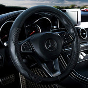 Red Rain front view of black leather steering cover shows sleek fit and style