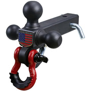REDTEE tri-ball hitch front view showing three ball sizes and hooks for versatile towing