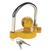 REESE Towpower front view showing heavy-duty lock and bright yellow finish for theft deterrence