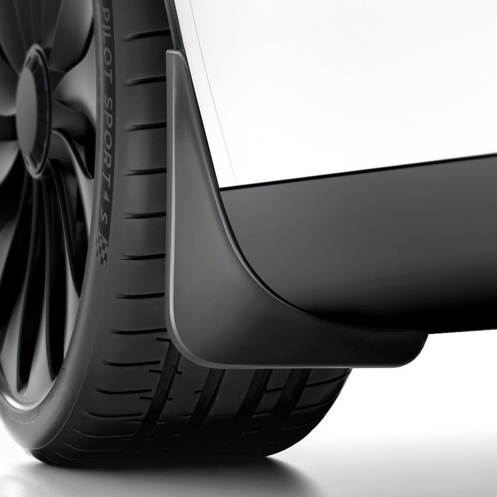 REEVAA front left mud flap on Model X showing seamless fit and protection