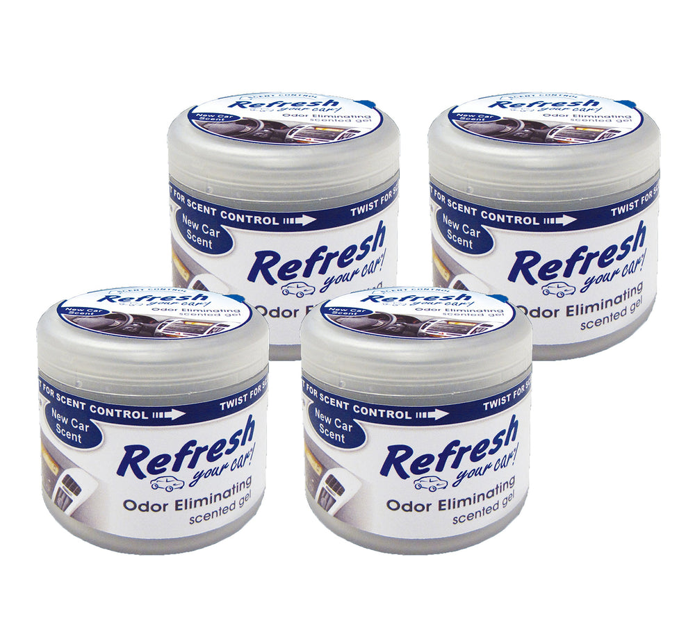 Refresh Your Car front view of four 4.5 oz gel cans showing compact design benefit