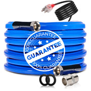REHOSEUP front view of 50ft heated hose showing full length and fittings, reliable cold-water access