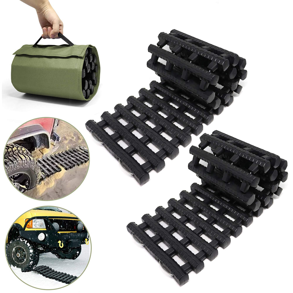Reliancer front view of traction tracks in package showing portability and readiness