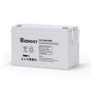 Renogy front view of 12V 100Ah AGM battery showing durable case and mounting points