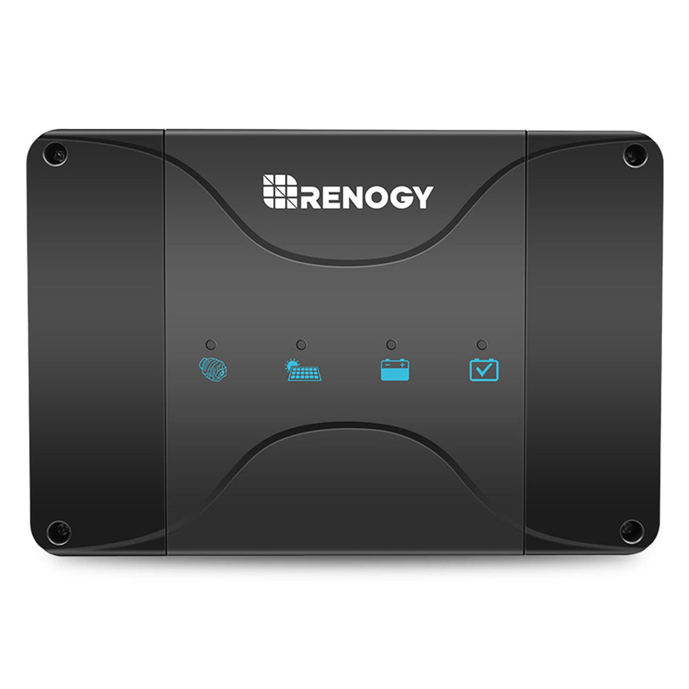 Renogy charger front view showing controls and compact form for easy installs