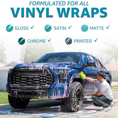 Rev Auto soap in foam cannon spraying onto vinyl wrap, illustrates easy pre-soak
