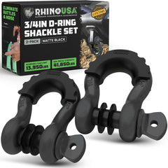Rhino USA front view of 3/4" D ring shackles showing robust pair and packaging