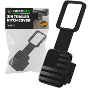Rhino USA front-facing hitch cover showing flag design and durable finish benefit